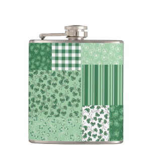 Chic Green Shamrocks Faux Patchwork Hip Flask