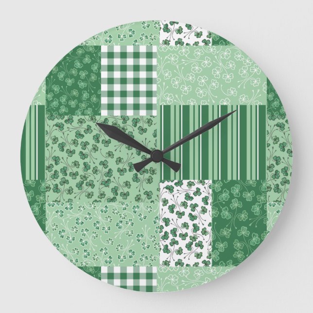 Chic Green Shamrocks Faux Patchwork Wall Clock (Front)