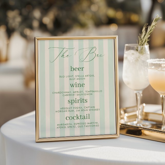 Chic Green Stripes Bar Drink Menu Wedding Sign (Creator Uploaded)