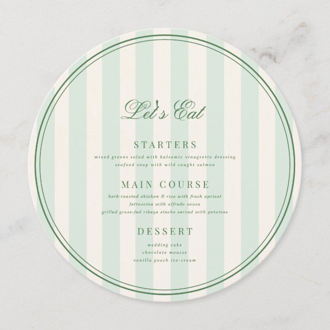 Chic Green Stripes Elegant Ivory Custom Guest Name Menu (Front)