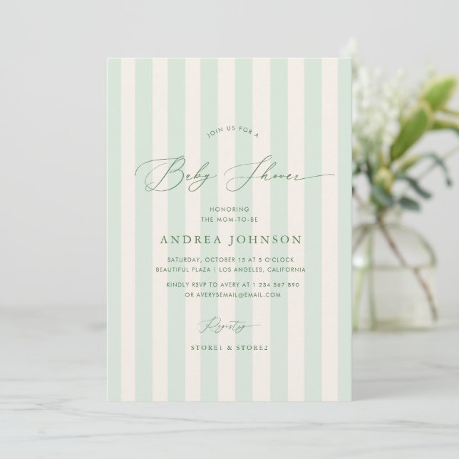 Chic Green Stripes Gender Neutral Baby Shower Invitation (Standing Front)