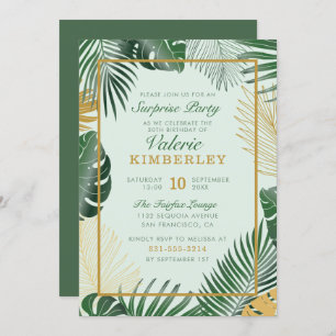 Chic Green Tropical Leaves Trendy Surprise Party Invitation