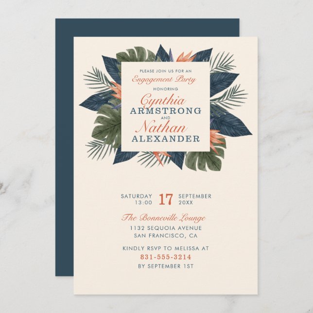 Chic Green Tropical Leaves Unique Engagement Party Invitation (Front/Back)