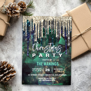 Chic green turquoise gold glitter drips Christmas  Invitation