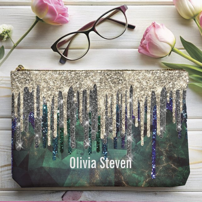 Chic green turquoise gold glitter drips monogram accessory pouch (Creator Uploaded)