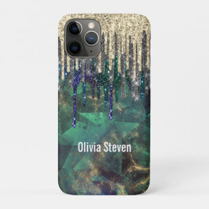 Chic green turquoise gold glitter drips monogram iPhone 11 pro case