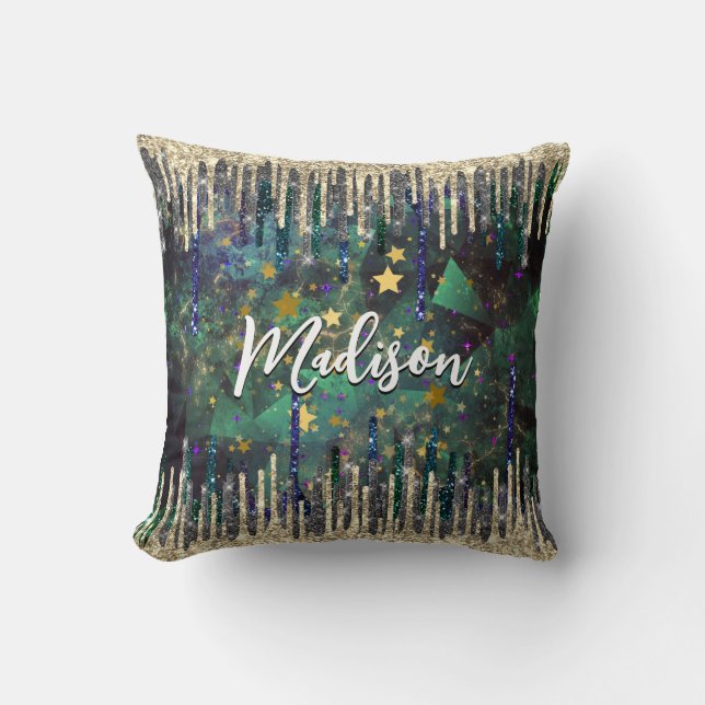 Chic green turquoise gold glitter drips monogram cushion (Front)