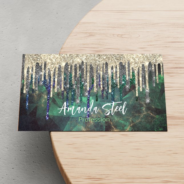 Chic green turquoise gold glitter drips monogram 	Magnetic business card (Creator Uploaded)