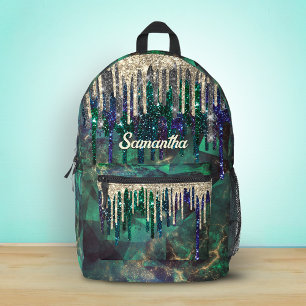 Chic green turquoise gold glitter drips monogram printed backpack