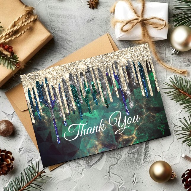 Chic green turquoise gold glitter drips thank you card (Creator Uploaded)