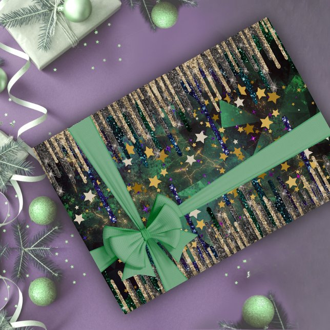 Chic green turquoise gold glitter drips wrapping paper (Creator Uploaded)