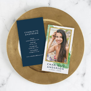 Chic Green Watercolor Faux Gold Headshot Photo Business Card