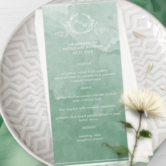 Chic Green Watercolor, Monogram Wedding Menu (Creator Uploaded)
