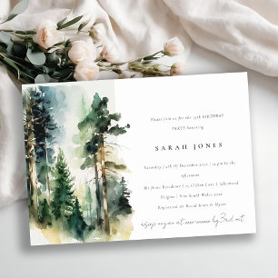 Chic Green Watercolor Woodland Forest Birthday Invitation