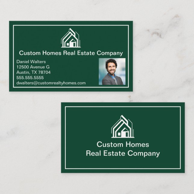 Chic Green White Real Estate Company Realtor Photo Business Card (Front/Back)