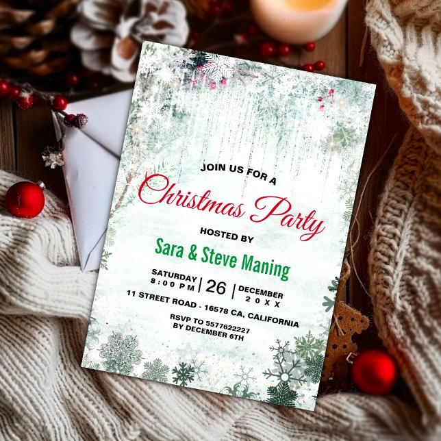 Chic green white wooldland winter Christmas party Invitation (Creator Uploaded)