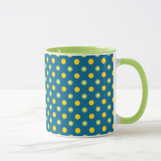 Chic Green Yellow Polka Dots on Blue Ringer Mug (Right)