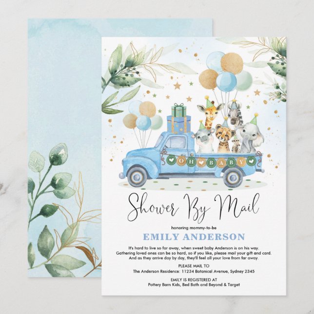 Chic Greenery Blue Gold Safari Baby Shower By Mail Invitation (Front/Back)