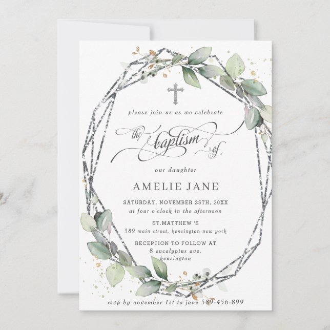 Chic Greenery Botanical Baptism Silver Geometric Invitation (Front)