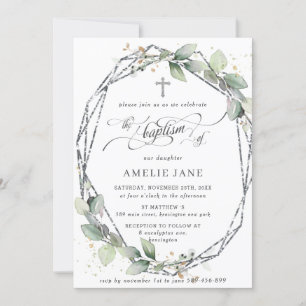 Chic Greenery Botanical Baptism Silver Geometric Invitation