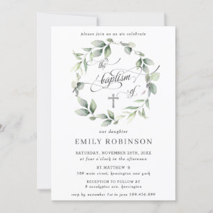 Chic Greenery Botanical Wreath Silver Baptism  Invitation