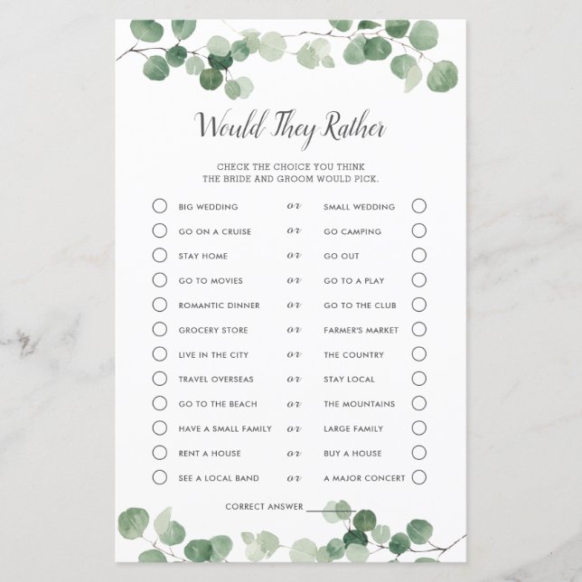 Chic Greenery Bridal Shower Would They Rather Game (Front)