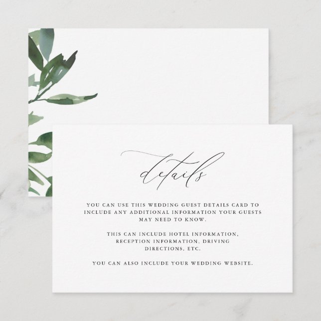 Chic Greenery Calligraphy Wedding Guest Detail Enclosure Card (Front/Back)