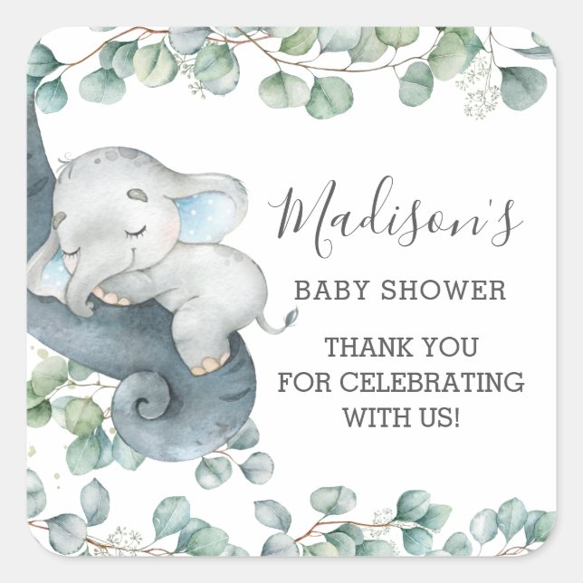 Chic Greenery Cute Elephant Boy Thank You Favour Square Sticker (Front)