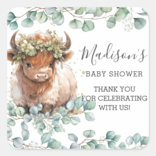 Chic Greenery Cute Highland Cow Thank You Favour Square Sticker