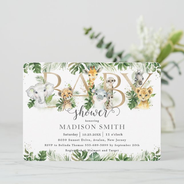 Chic Greenery Cute Jungle Animals Baby Shower  Invitation (Standing Front)