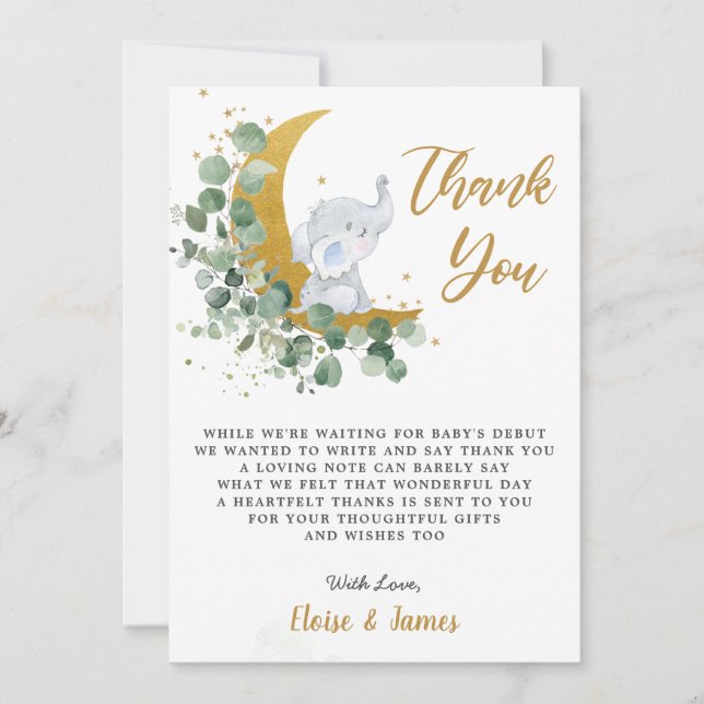 Chic Greenery Elephant Over the Moon Baby Shower Thank You Card (Front)