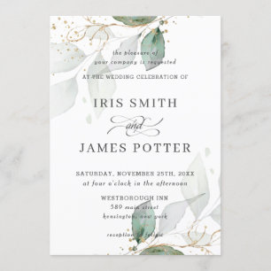 Chic Greenery Foliage Gold Calligraphy Wedding Invitation