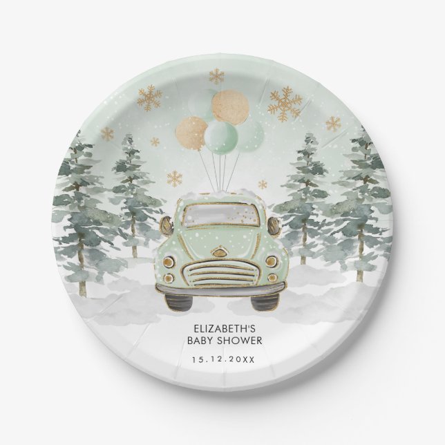 Chic Greenery Gold Drive By Baby Shower Parade Paper Plate (Front)