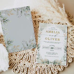 Chic Greenery Gold Leafy Eucalyptus Garden Wedding Invitation