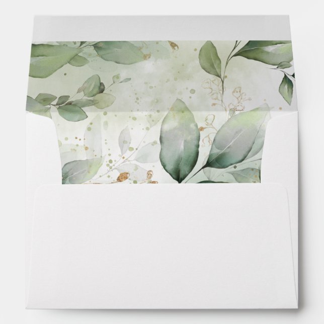 Chic Greenery Gold Leafy Foliage Wedding Envelope (Back (Bottom))