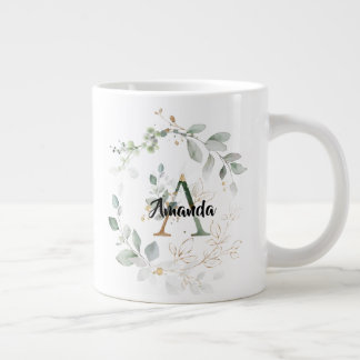 Chic Greenery & Gold Monogram Initial "A" w/name Large Coffee Mug