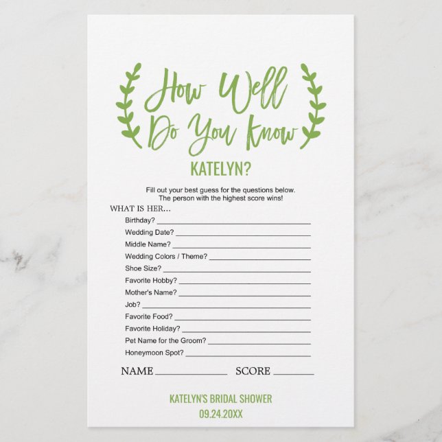 Chic Greenery How Well Do You Know The Bride Game Flyer (Front)