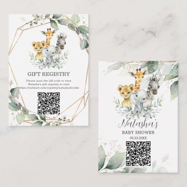 Chic Greenery Jungle Animals Baby Gift Registry QR Enclosure Card (Front/Back)