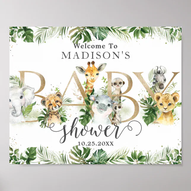 Chic Greenery Jungle Animals Baby Shower Welcome Poster | Zazzle