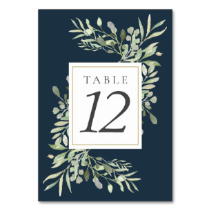 Chic Greenery Leaves Deep Sea Blue Table Numbers