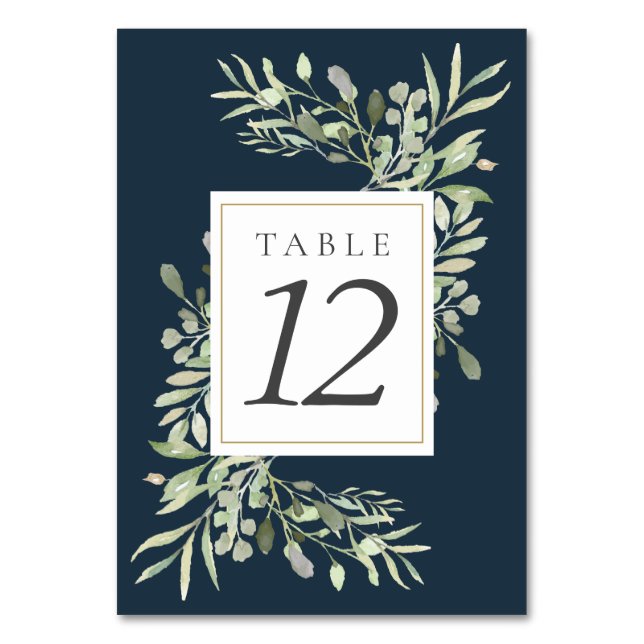 Chic Greenery Leaves Deep Sea Blue Table Numbers (Back)