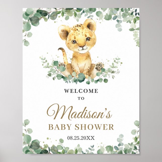 Chic Greenery Lion Cub Boy Baby Shower Welcome Poster (Front)