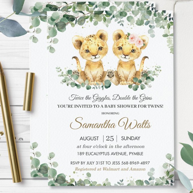 Chic Greenery Lion Cubs Twins Boy Girl Baby Shower Invitation (Creator Uploaded)