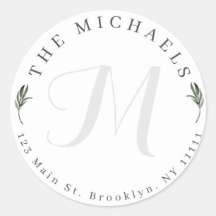 Chic Greenery Monogram Round Return Address Label