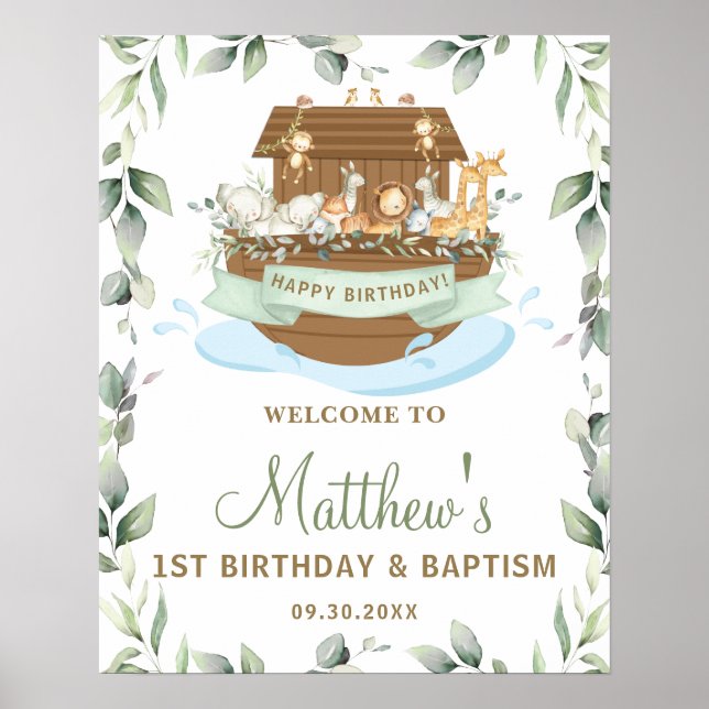 Chic Greenery Noah's Ark Birthday Baptism Welcome  Poster (Front)