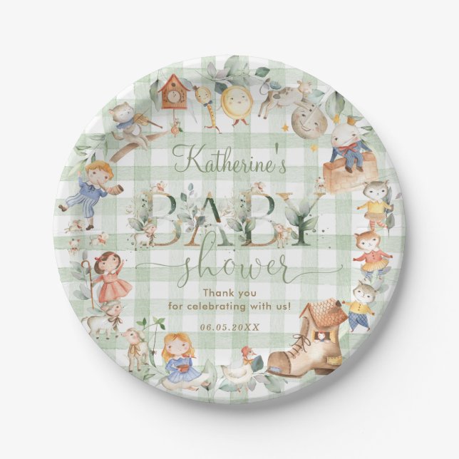 Chic Greenery Nursery Rhyme Baby Shower Neutral Paper Plate (Front)