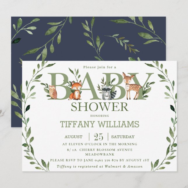 Chic Greenery Rustic Woodland Animals Baby Shower Invitation (Front/Back)