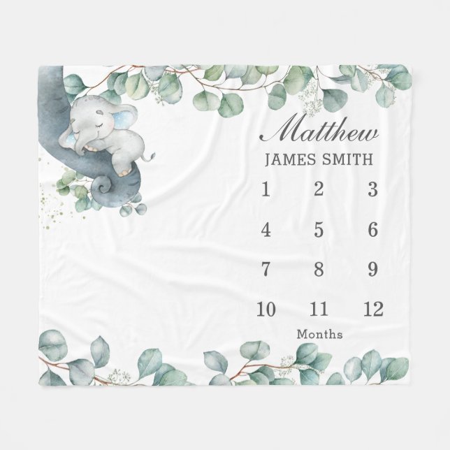Chic Greenery Sleeping Elephant Monthly Milestone  Fleece Blanket (Front (Horizontal))