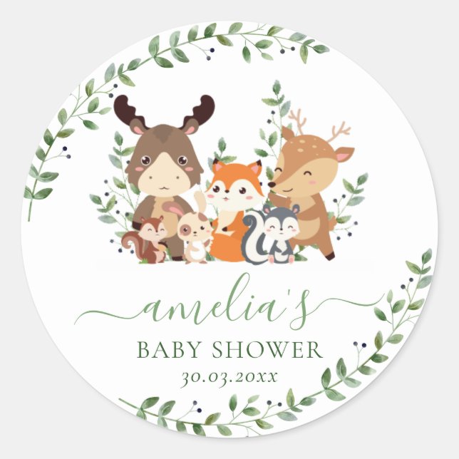 Chic Greenery Woodland Animals Baby Shower Favor Classic Round Sticker (Front)