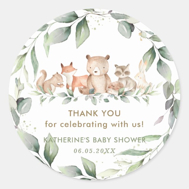 Chic Greenery Woodland Animals Baby Shower Favours Classic Round Sticker (Front)